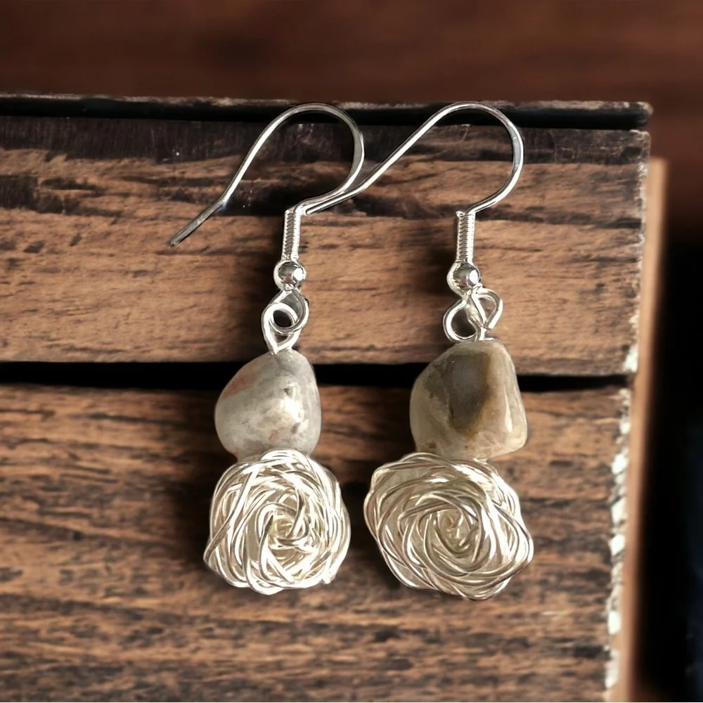 Crazy Lace Agate with Rose Design Earrings - Picture 1 of 1